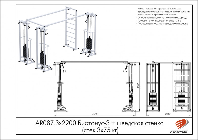 Биотонус-3+шведская стенка (стек 3х75кг) h 2,2 м