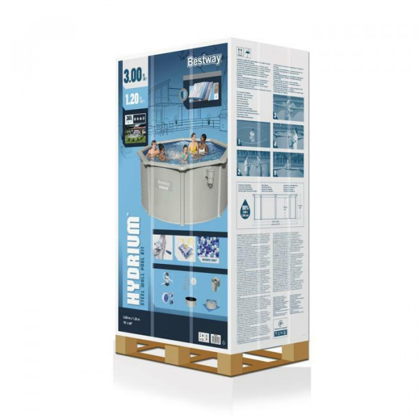 Стальной бассейн Bestway Hydrium 300х120см, 7630л, песч.фил.-нас. 3028л/ч, лестн., тент, подст., попл.-доз