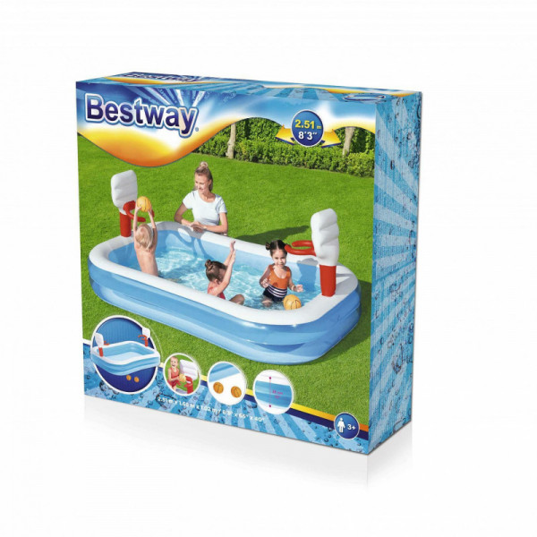 Детский надувной бассейн Bestway 254х168х102см "Баскетбол" с кольцами и 2-мя мячами, 636л, от 3 лет
