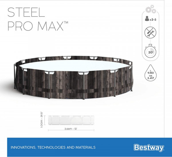 Каркасный бассейн Bestway Steel Pro Max 366х100см, 9150л, фил.-насос 2006л/ч, лестница (5614X BW)