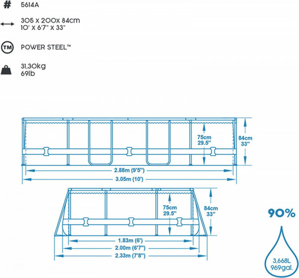 Каркасный бассейн Bestway Power Steel 305х200х84см, 3668л, фил.-насос 1249л/ч, попл.-дозатор (5614A BW)
