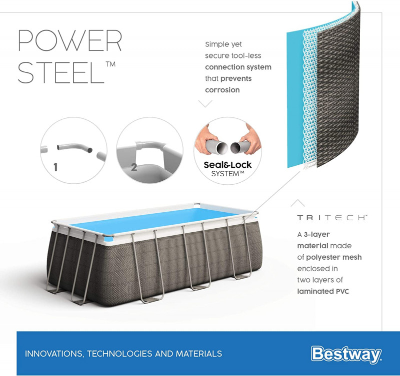 Каркасный бассейн Bestway Power Steel 488х244х122см, 11532л, фил.-насос 3028л/ч, лестница, тент, попл.-доз (56996 BW)
