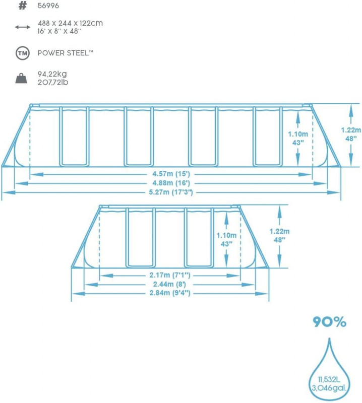 Каркасный бассейн Bestway Power Steel 488х244х122см, 11532л, фил.-насос 3028л/ч, лестница, тент, попл.-доз (56996 BW)